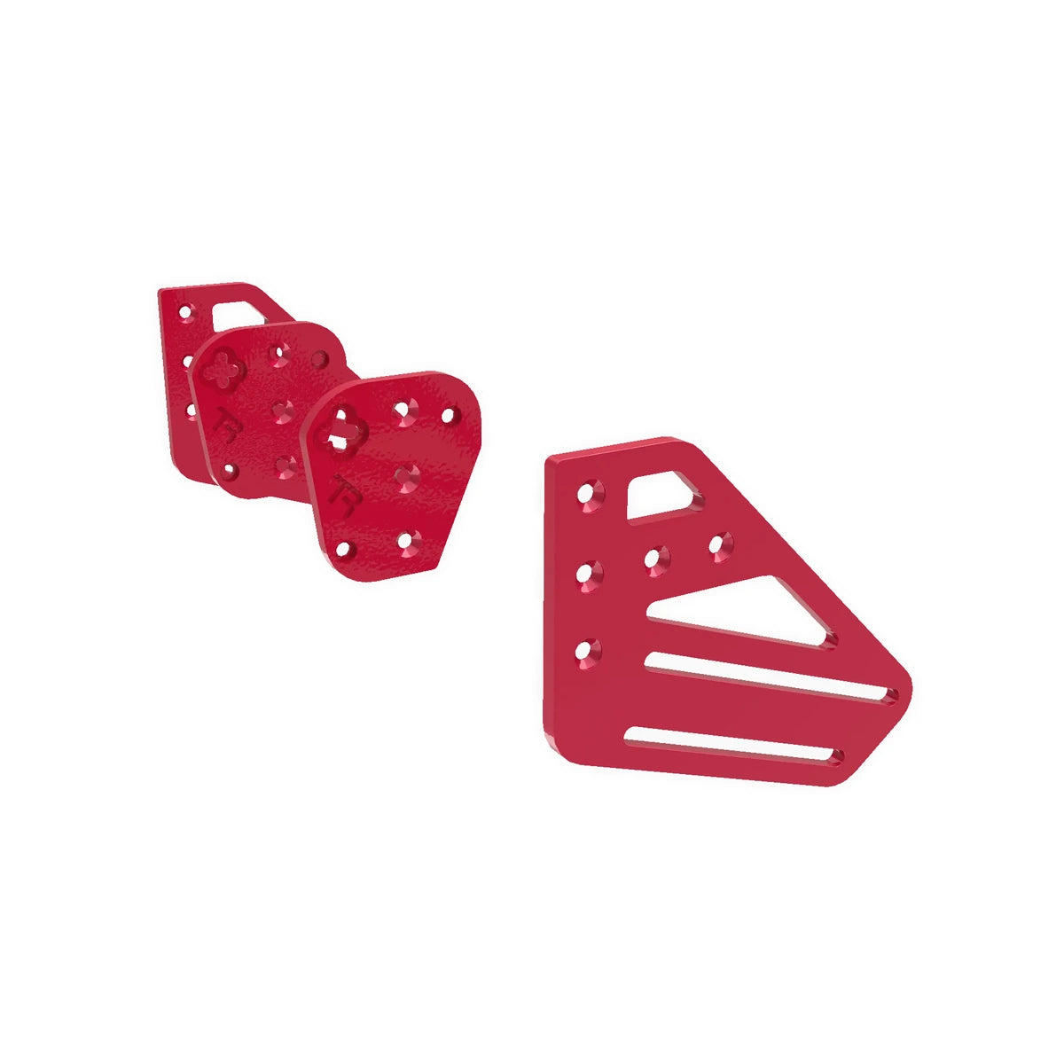 Trak Racer TR-One V3 2-way side plates, angled view of the large and small red aluminium mounting plates