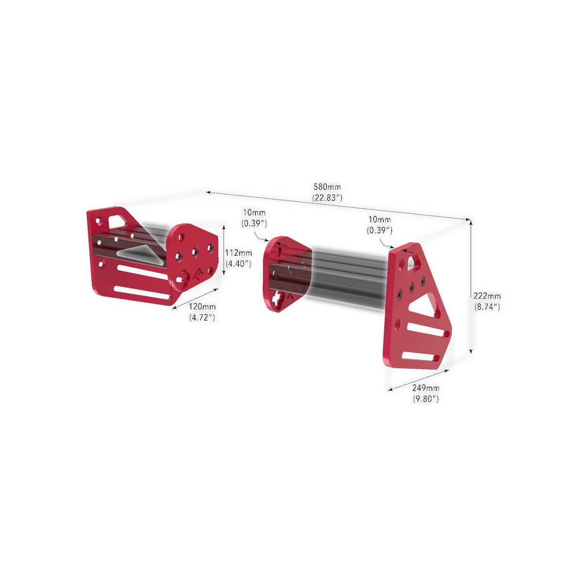 Trak Racer TR-One V3 2-way side plates dimensions, 580mm assembled width shown on the extrusion channel