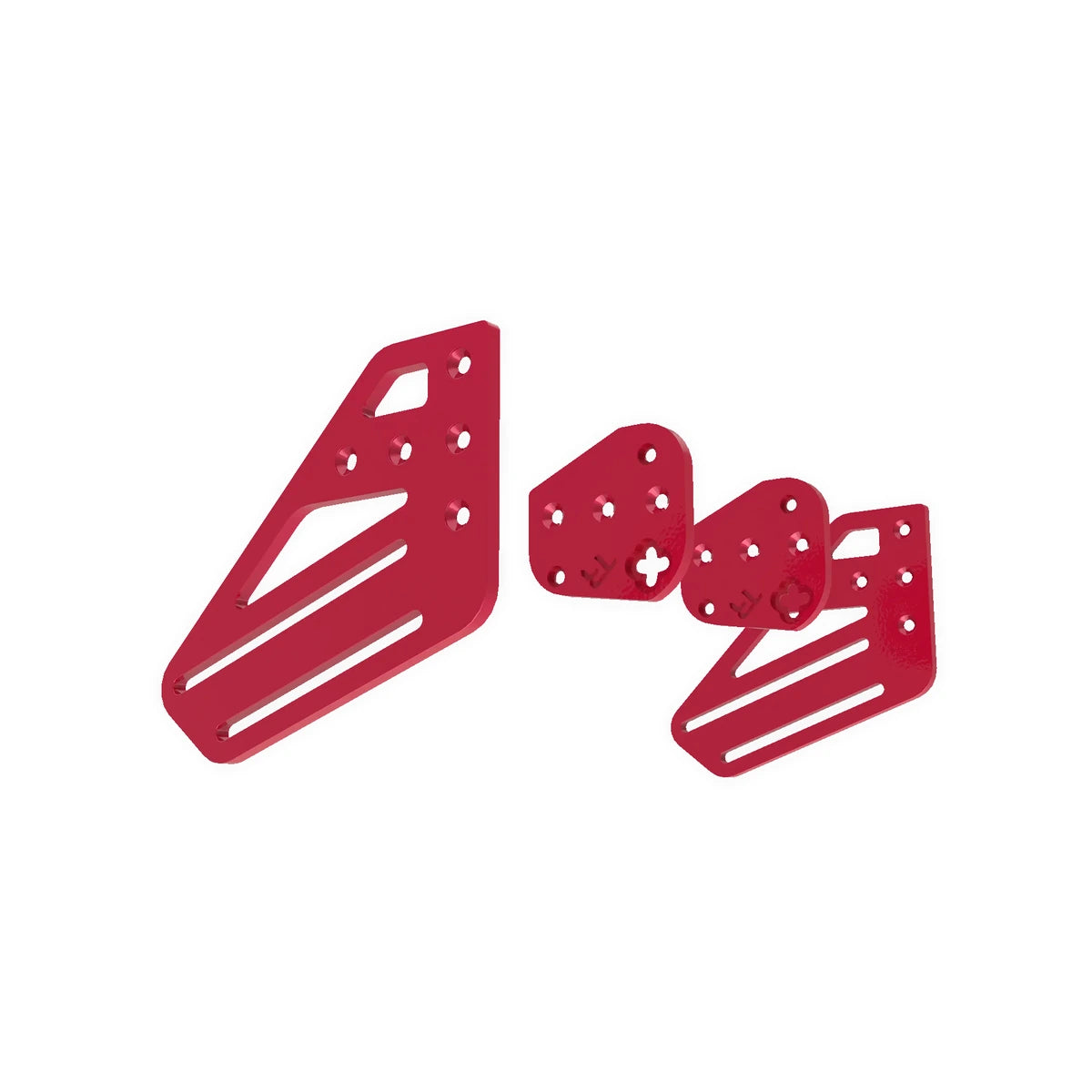 Trak Racer TR-One V3 2-way upgrade side plates, four-piece red aluminium set laid out on white
