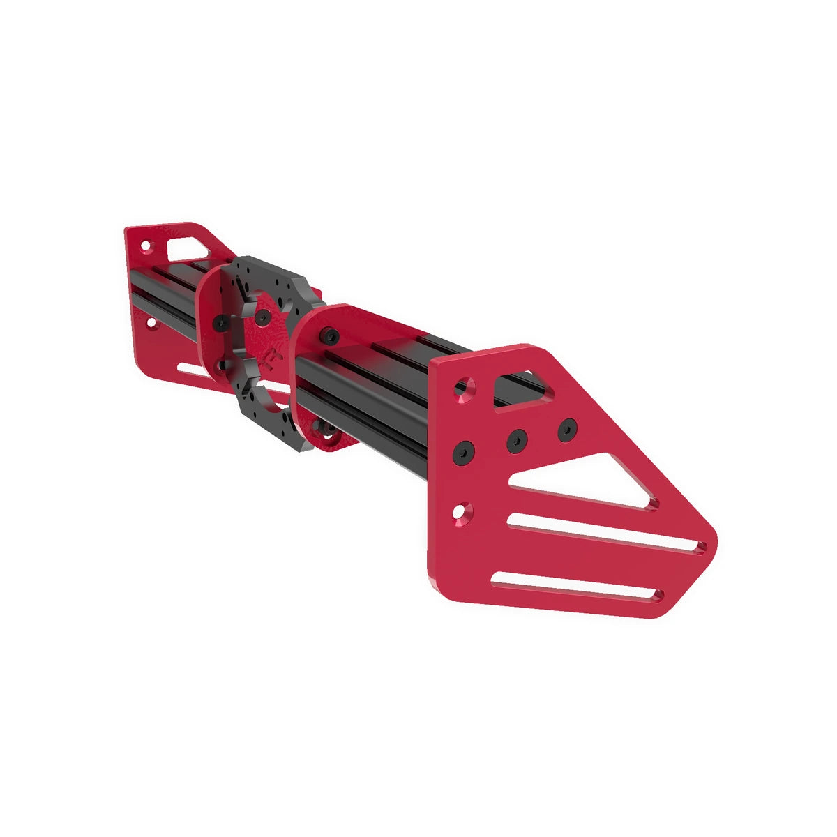 Trak Racer TR-One V3 MOZA wheel mount, three-quarter view with red aluminium side plates on the 120x40mm extrusion channel