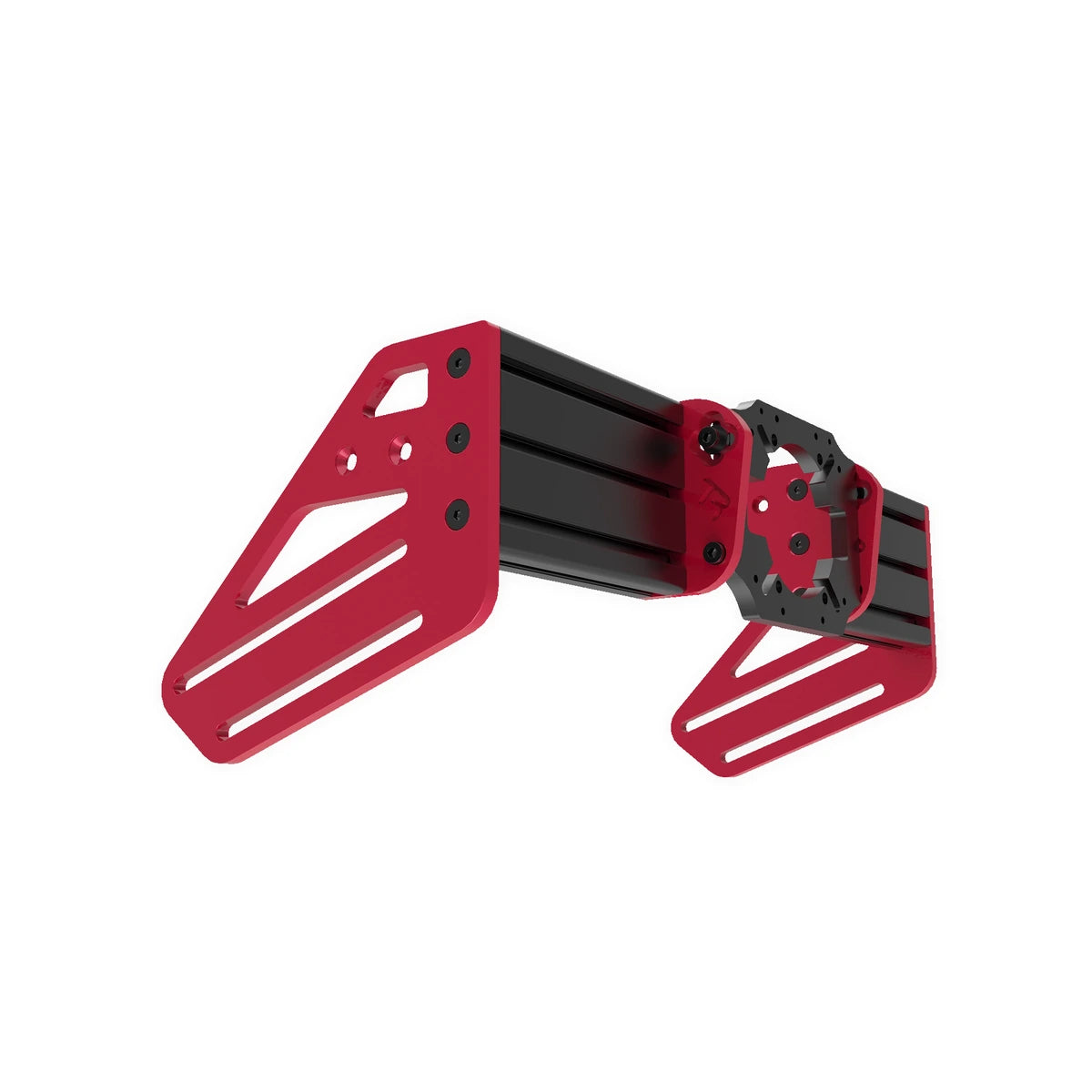 Trak Racer TR-One V3 MOZA wheel mount, angled detail of the 2-way side plates and central direct-drive front mount