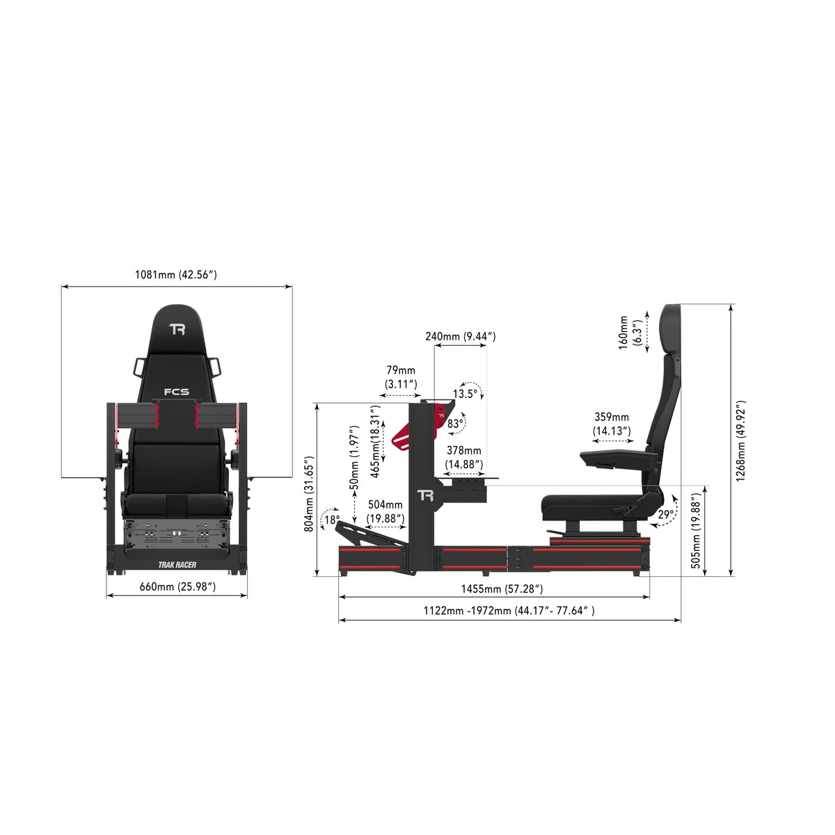 Trak Racer TR120S Flight Simulator dimensions diagram, front and side views with frame width, length and height in mm