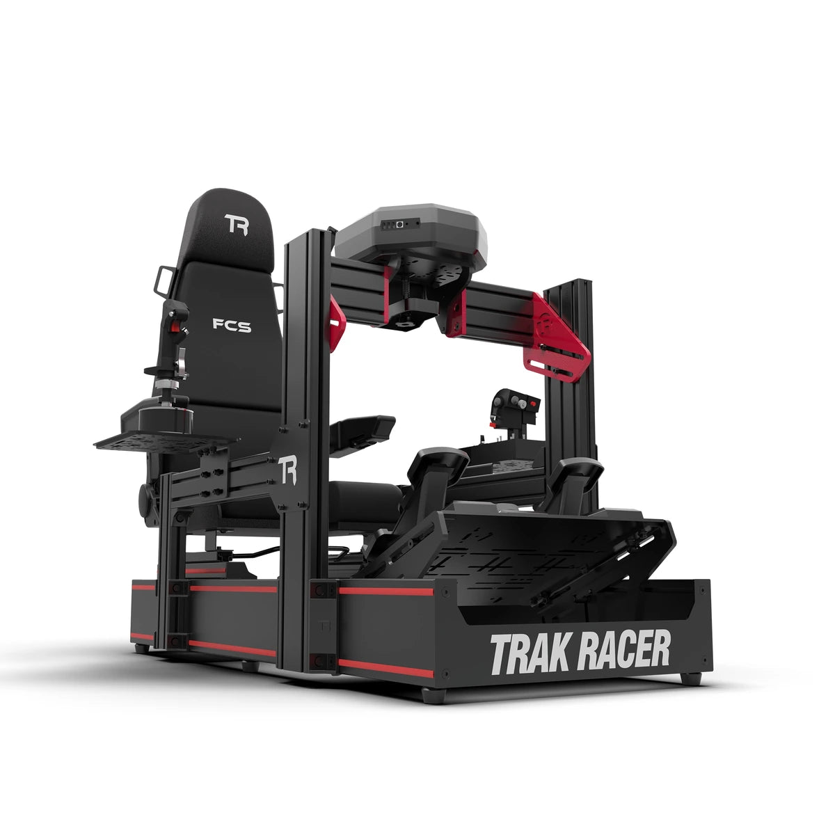 Trak Racer TR160 Flight Simulator, front three-quarter view, flight seat with left and right control mounts and flight controls fitted