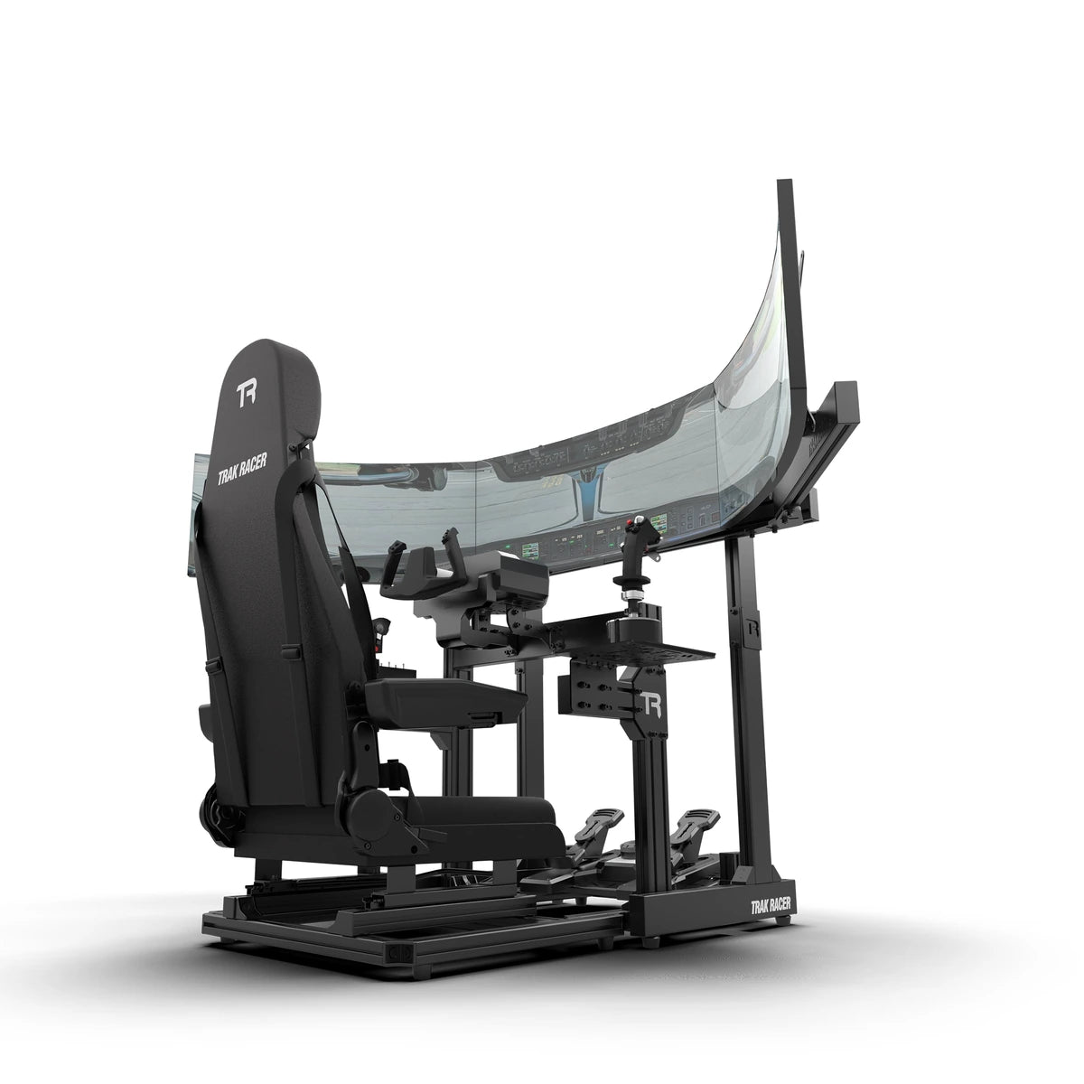 Trak Racer TR40S Flight Simulator, rear right view, set up with a curved monitor and flight controls (sold separately)