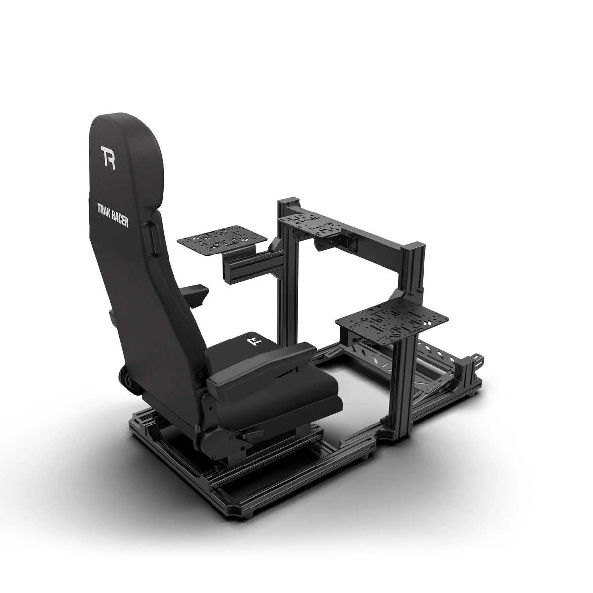Trak Racer TR40S Flight Simulator, rear right view, reclining flight seat on slider rails with empty control mount plates