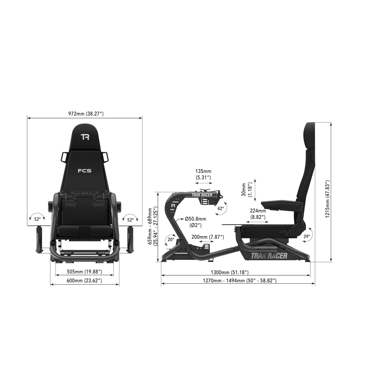 Trak Racer TR8 Pro Flight Simulator dimensions diagram, front and side views with frame width, length and height in mm