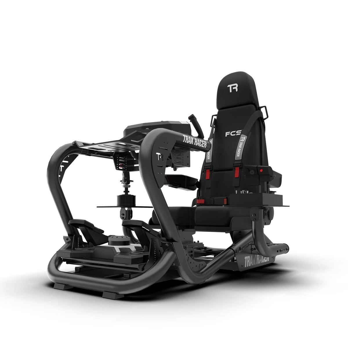Trak Racer TR8 Pro Flight Simulator, front left view, flight seat with side control mounts and flight controls fitted
