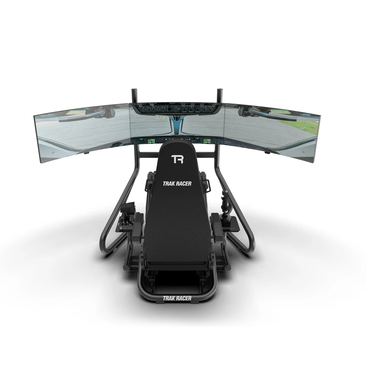 Trak Racer TR8 Pro Flight Simulator, rear view, flight seat facing an ultrawide curved monitor (monitor sold separately)