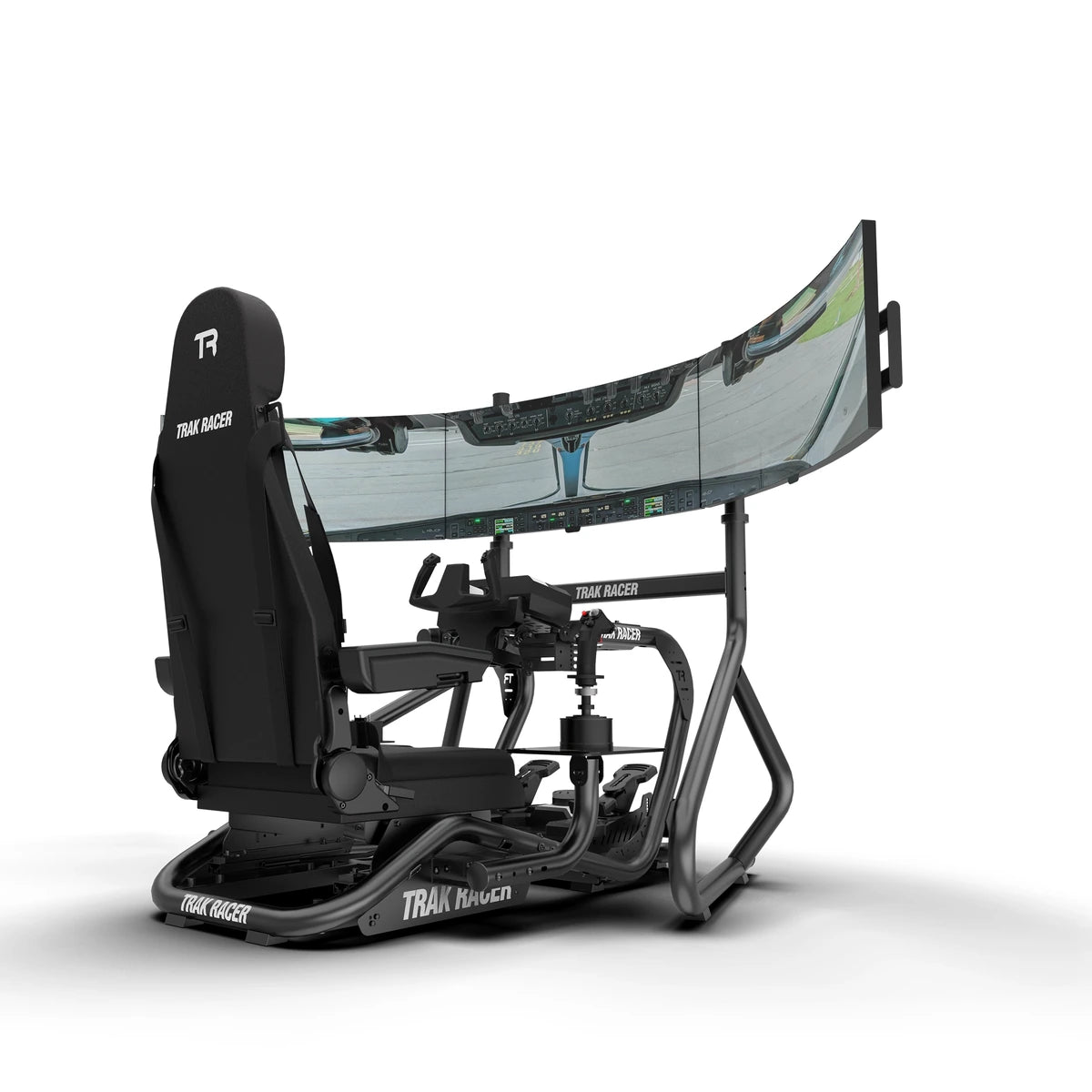 Trak Racer TR8 Pro Flight Simulator, rear right view, set up with an ultrawide curved monitor and flight controls (sold separately)