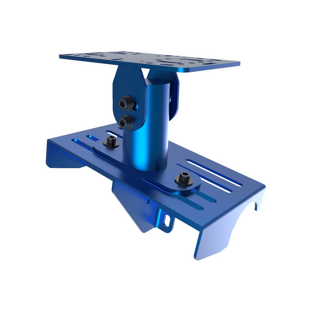 Trak Racer TRX gear shifter mount in blue, angled view showing the distance-slider base and adjustable pivot