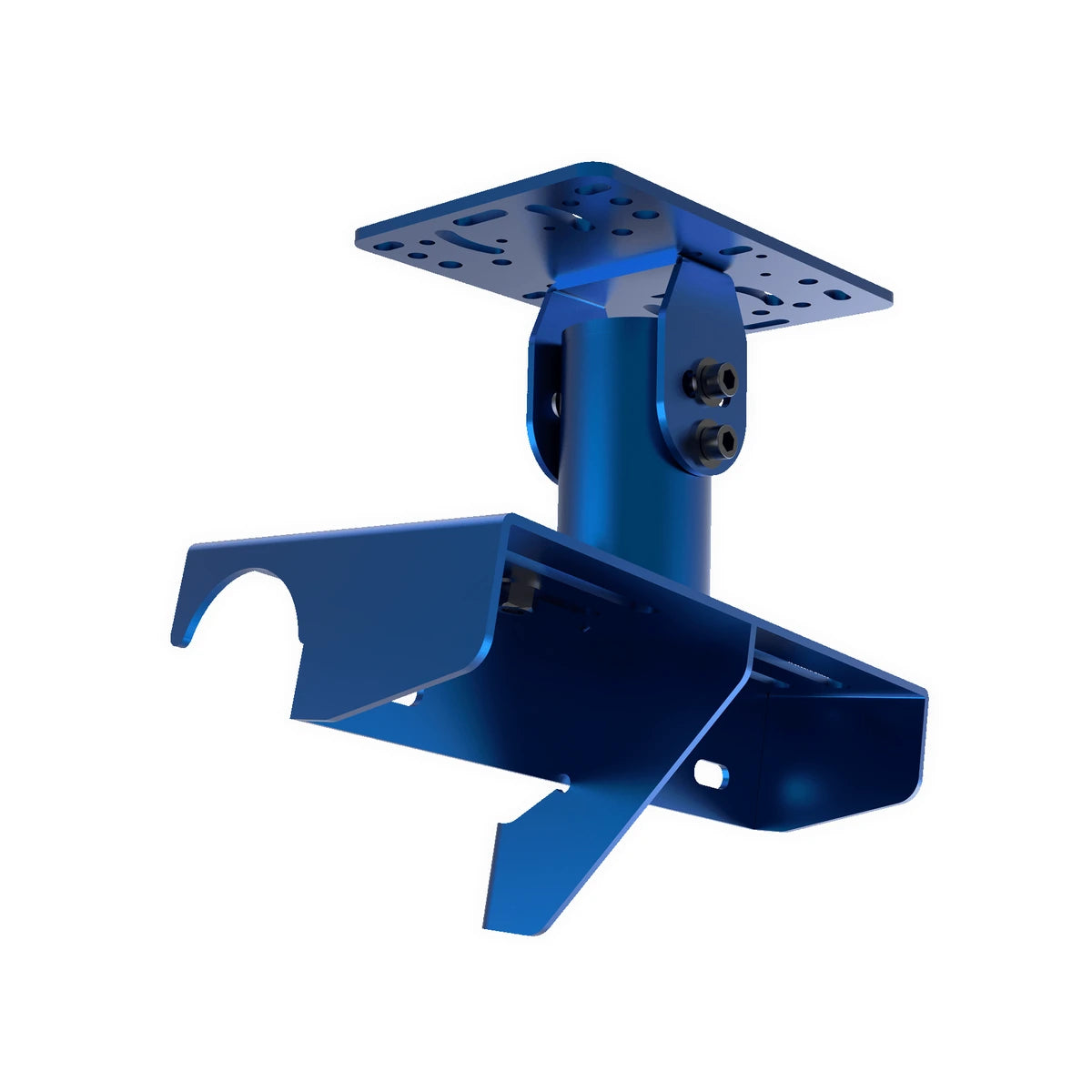 Trak Racer TRX gear shifter mount in blue, three-quarter view of the pre-drilled top plate, pivot column and tube saddle