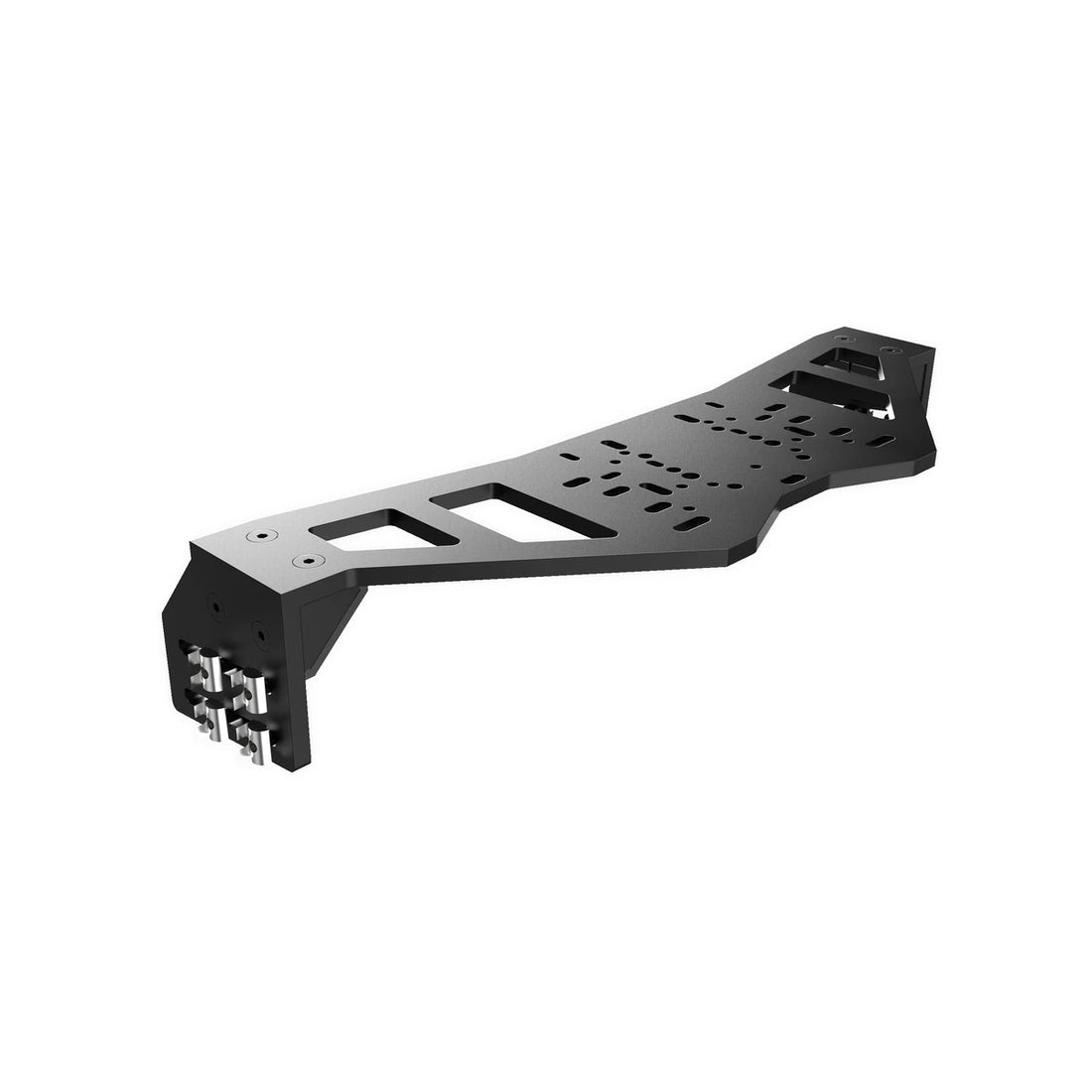 Trak Racer universal wheel plate deck, angled view — 10mm laser-cut carbon-steel wheelbase deck with slide brackets