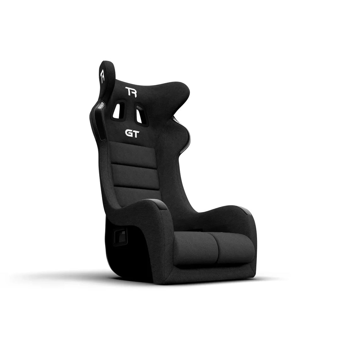 Trak Racer GT Pro fibreglass racing seat, black, front three-quarter view — GT badge, deep bolsters and TR headrest logo