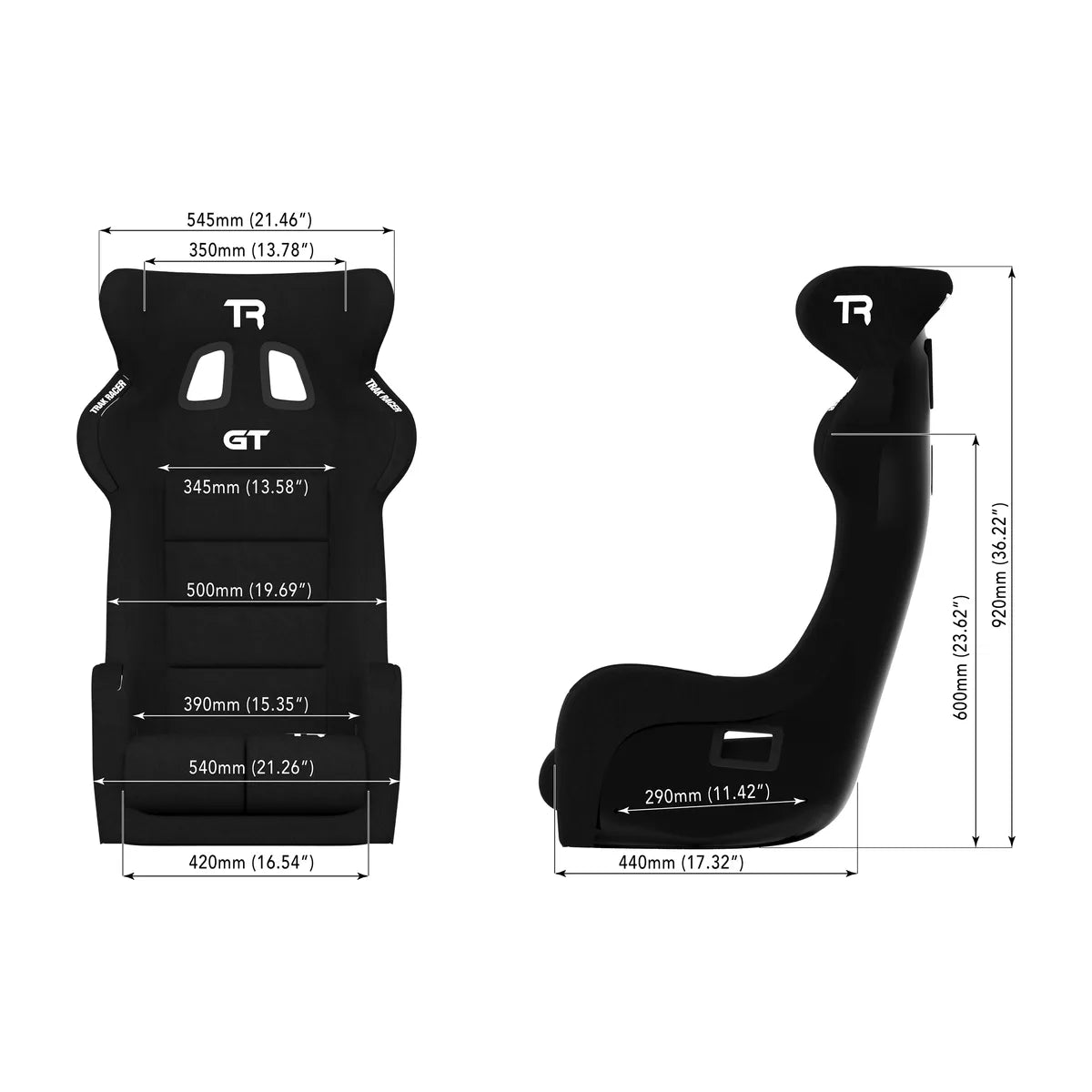 Trak Racer GT Pro fibreglass racing seat, black, three-quarter view with mounting bracket base