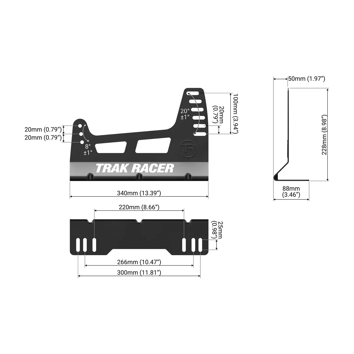 Trak Racer GT Pro fibreglass seat mounting bracket, dimension diagram