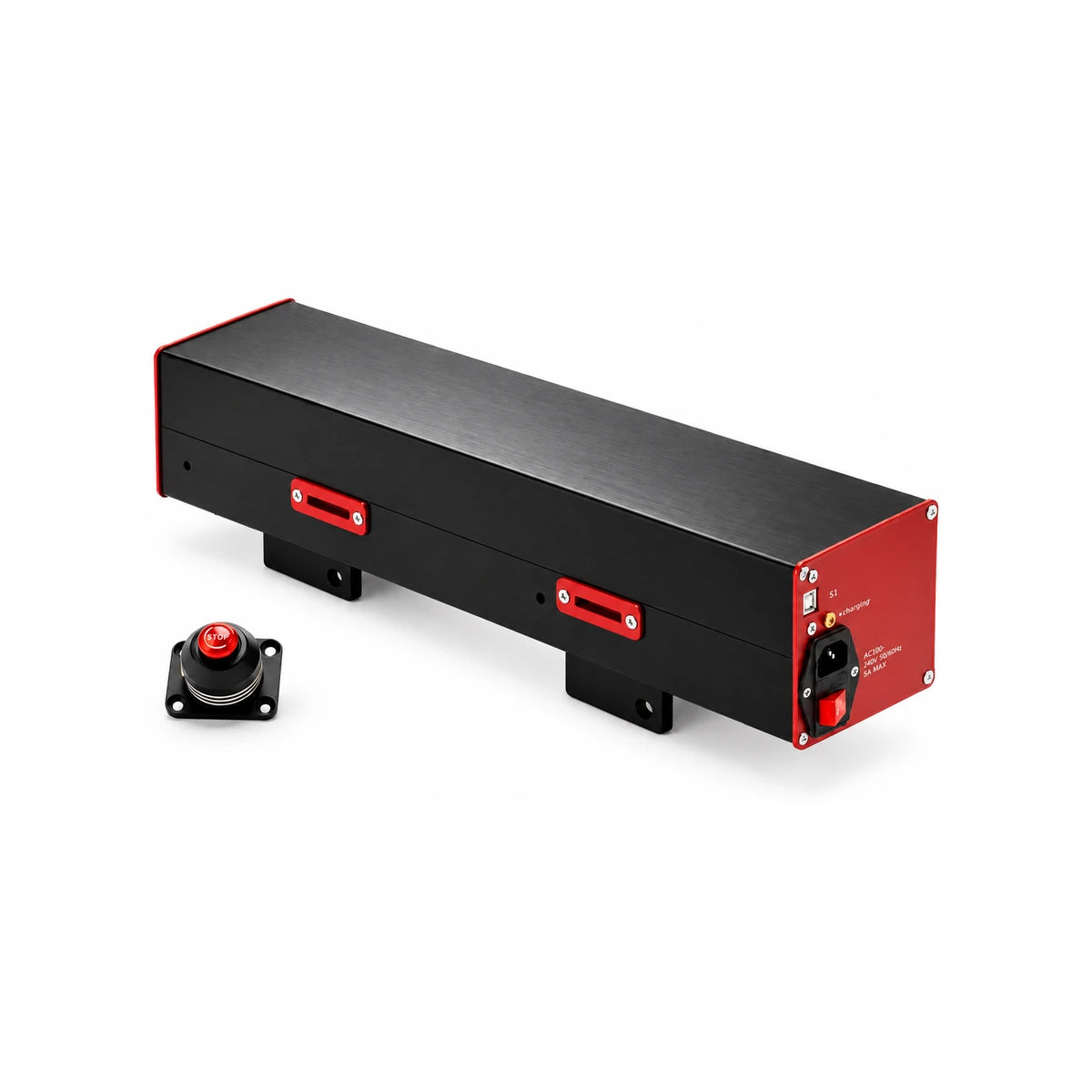 Vero Motion Rival belt tensioner and emergency stop, showing the red end panel with USB-B, AC inlet and power switch