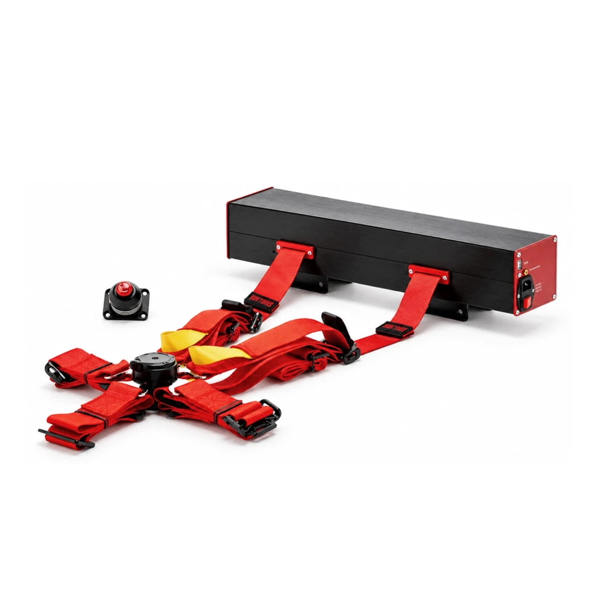 Vero Motion Rival belt tensioner kit, showing the tensioner unit, emergency stop button and red 5-point racing harness