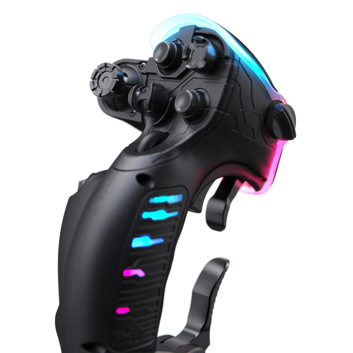 VIRPIL Constellation ALPHA-R Prime grip, side detail of the hat switches, trigger and RGB accent lighting