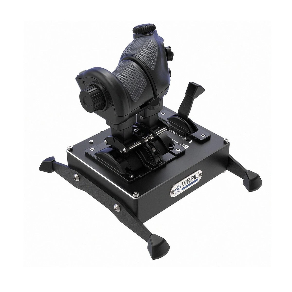 VIRPIL CDT-VMAX throttle, three-quarter view of the throttle grip, auxiliary lever and four-leg desktop base