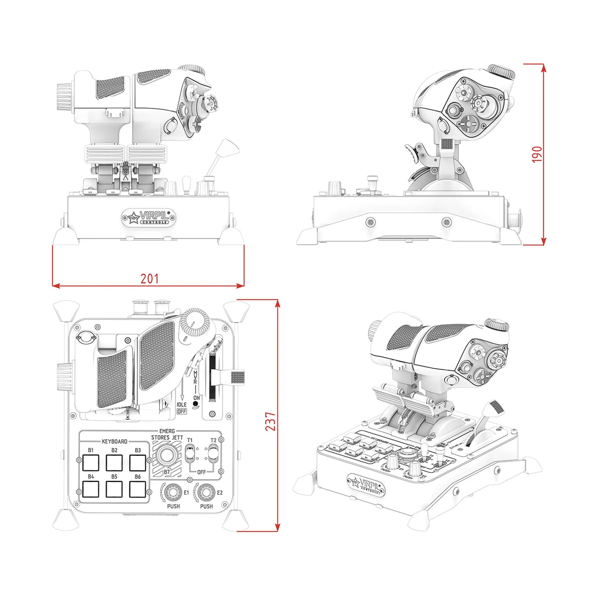 VIRPIL MongoosT-50CM4 Throttle dimension drawing: 201 mm wide, 237 mm deep, 190 mm tall