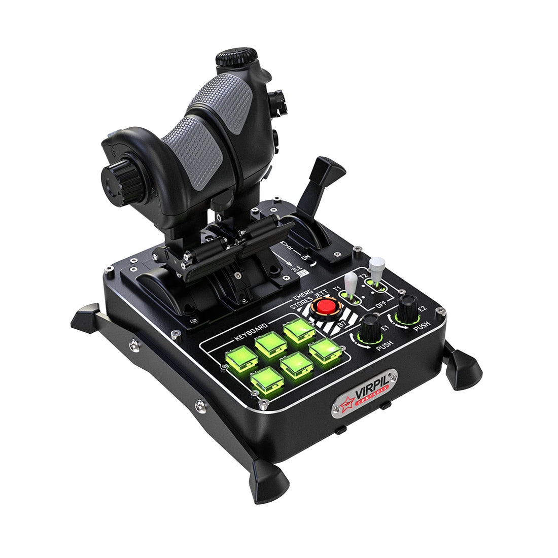 VIRPIL MongoosT-50CM4 Throttle three-quarter view with dual VMAX-style handles and RGB button panel