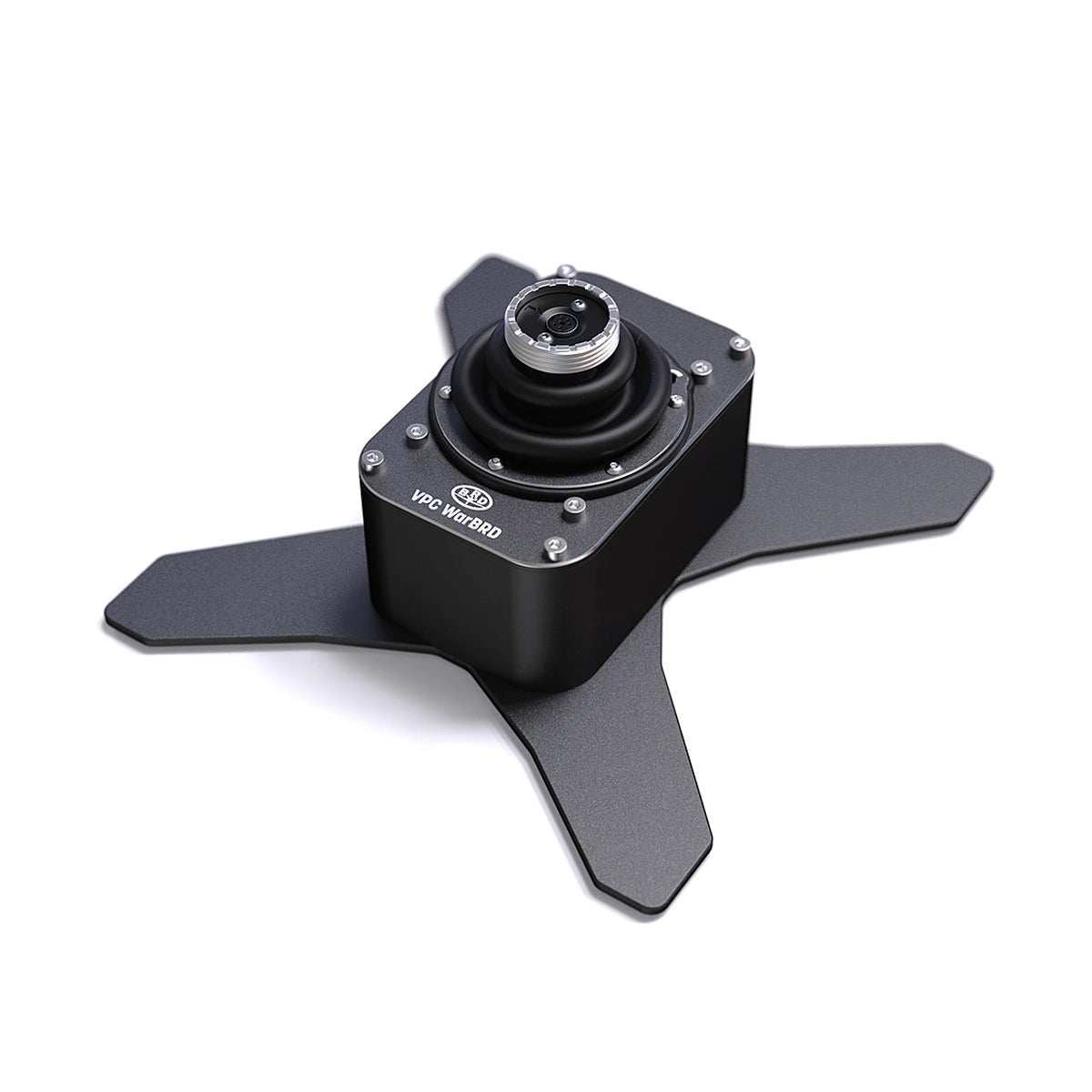 VIRPIL WarBRD-D flightstick base on its four-leg desktop base plate, three-quarter view