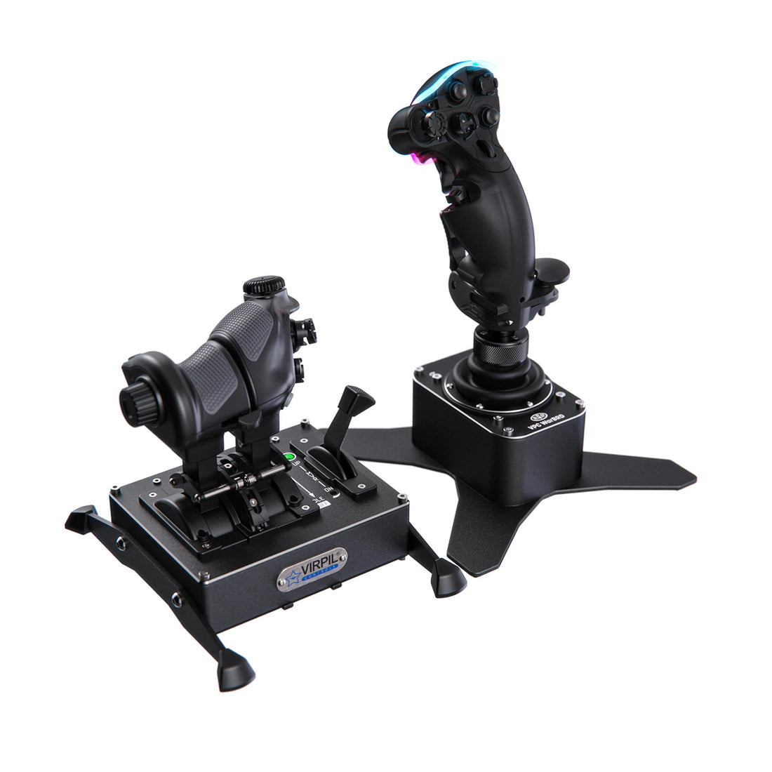 VIRPIL WarBRD-D CADET HOTAS Bundle, CDT-VMAX throttle beside a WarBRD-D base with RGB-lit ALPHA-R Prime grip