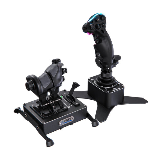 VIRPIL WarBRD-D CADET HOTAS Bundle, CDT-VMAX throttle beside a WarBRD-D base with RGB-lit ALPHA-R Prime grip