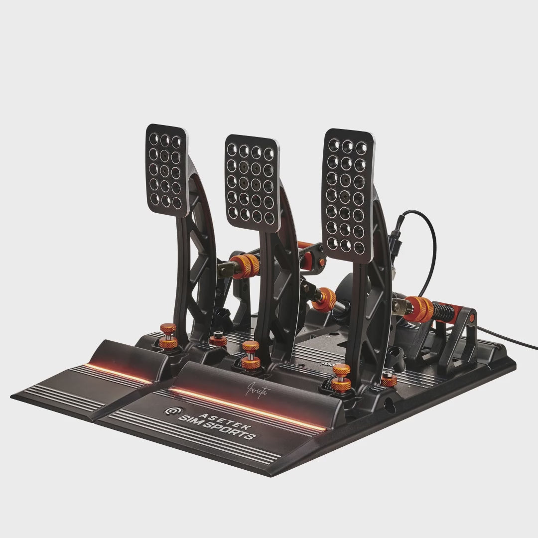 Asetek sim racing pedals, Pedals include throttle and accelerator and Load Cell Brake for sim racing in iracing, assetto corsa, F1. These will fit all kinds of sim racing gear and simulator focused gaming hardware.